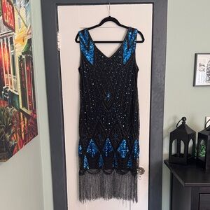 NWT Elegant Black and Blue Sequin Flapper Dress - size xl
